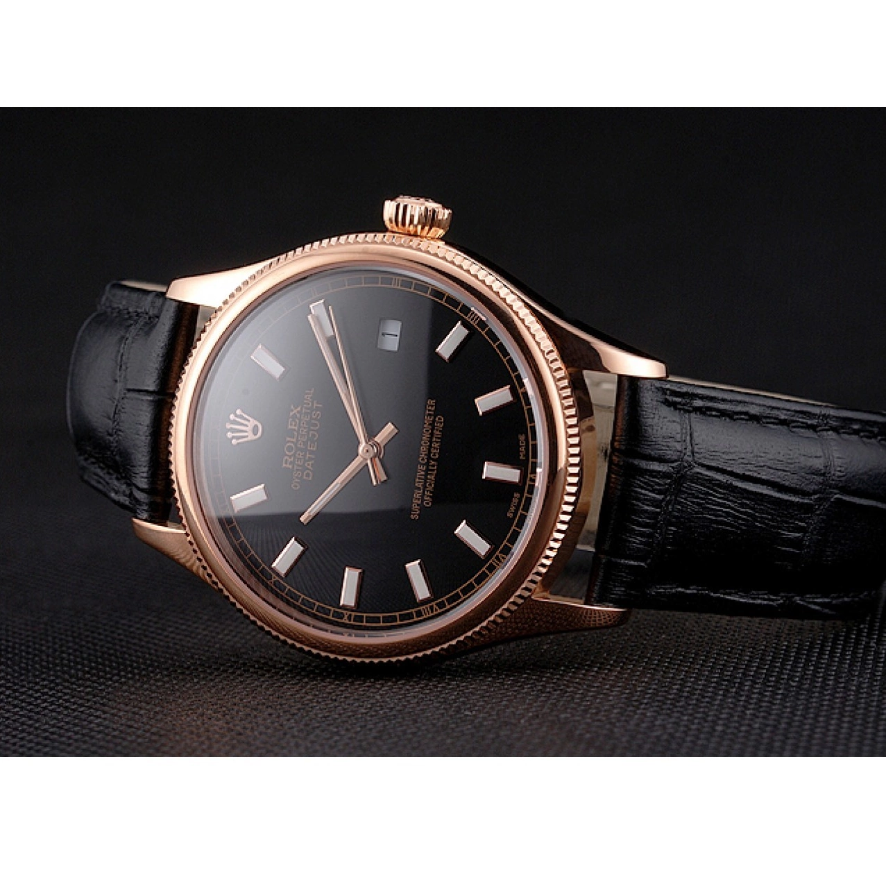 Best AAA Replica Sites Case Gold Rose Swiss Black Strap Black Rolex Dial Datejust Leather 0629